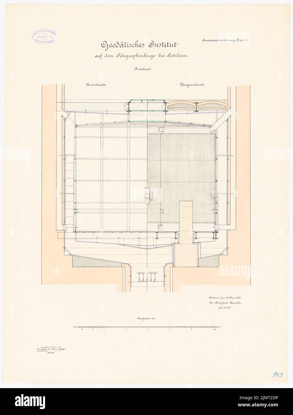 Unbekannter Architekt, Geodätisches Institut auf dem Telegrafenberg in Potsdam (30. Mai 1893): Pendelsaal: Längsschnitt, Querschnitt 1:25. Lithographie auf der Schachtel, 70,1 x 53 cm (einschließlich Scankanten) N.N. : Geodätisches Institut auf dem Telegrafenberg, Potsdam Stockfoto