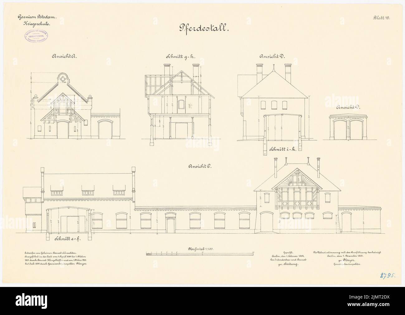 Schwechten Franz (1841-1924), Kriegsschule der Garnison Potsdam (01.12.1903): Malstall: Oben, Schnitte 1: 100. Lithographie auf Papier, 56 x 79 cm (inklusive Scan-Kanten) Schwechten Franz (1841-1924): Kriegsschule der Garnison Potsdam Stockfoto