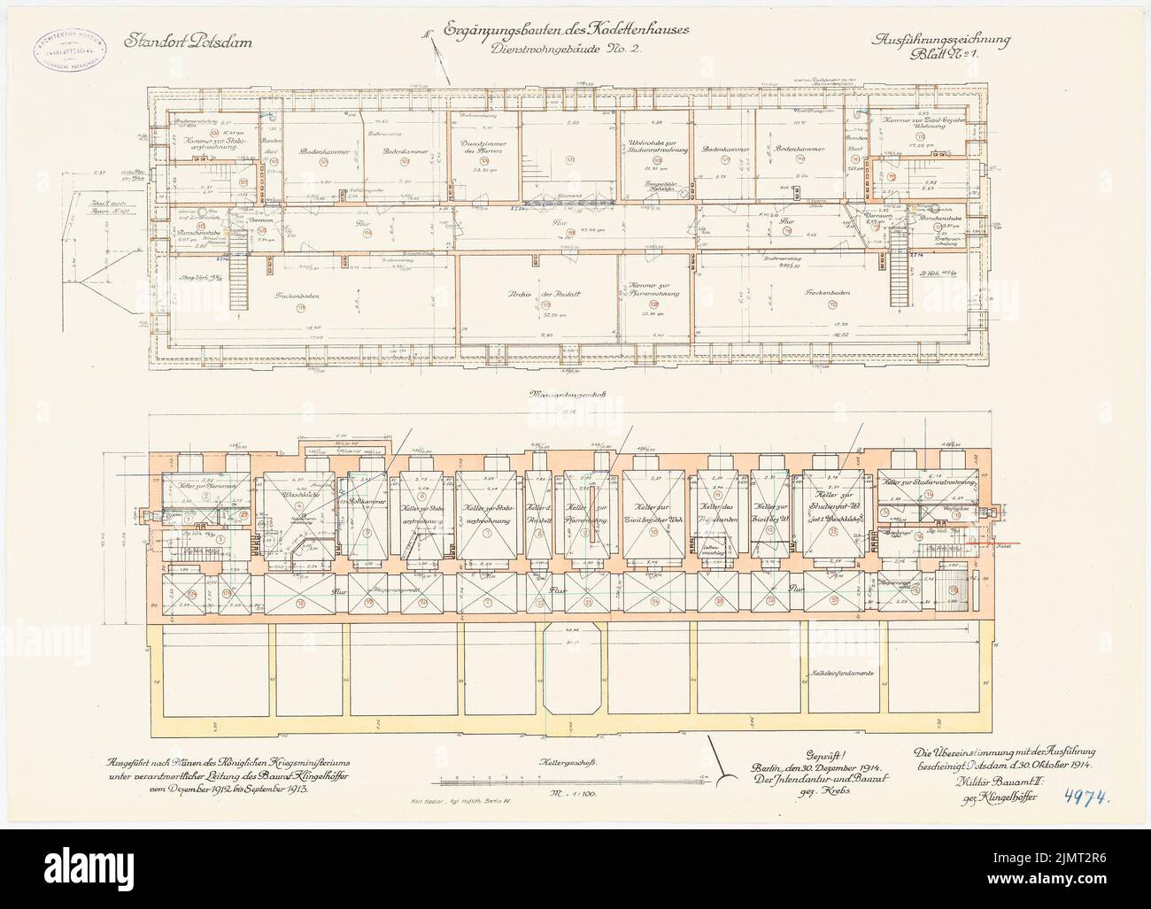 Unbekannter Architekt, Kadettenhaus der Garnison Potsdam. Nebengebäude (30. Oktober 1914): Pflichtwohngebäude Nr. 2: Grundriss Keller, Dachgeschoss 1: 100. Lithographie auf Papier, 50,9 x 70,6 cm (einschließlich Scankanten) N.N. : Kadettenhaus der Garnison Potsdam. Ergändigungsbauten Stockfoto