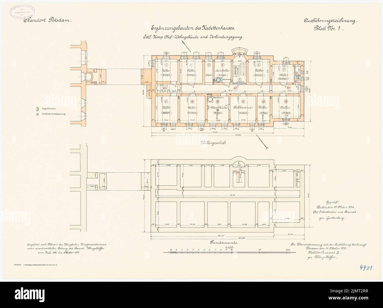 Unbekannter Architekt, Kadettenhaus der Garnison Potsdam. Nebengebäude (31. Oktober 1913): Wohnhaus des Leiters der östlichen Firma und Anschluss: Grundrissfundamente, Keller 1: 100. Lithographie auf der Schachtel, 50,6 x 68,9 cm (einschließlich Scankanten) N.N. : Kadettenhaus der Garnison Potsdam. Ergändigungsbauten Stockfoto