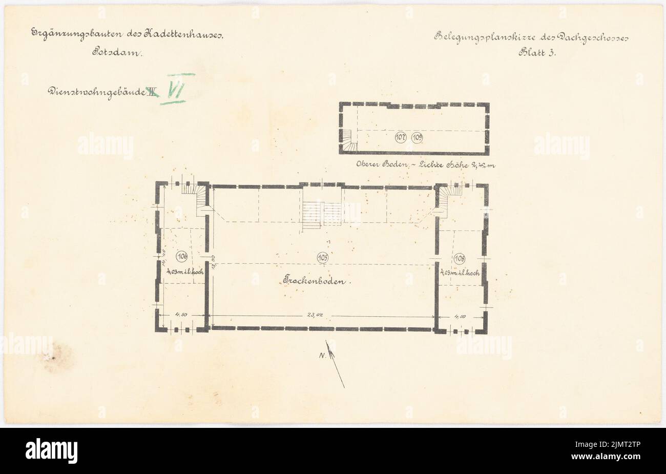 Unbekannter Architekt, Kadettenhaus der Garnison Potsdam. Nebengebäude (1912-1912): Duty Wohngebäude Nr. 6: Grundriss Dachgeschoss 1: 200. Lithographie auf Karton, 21,4 x 33,3 cm (einschließlich Scankanten) N.N. : Kadettenhaus der Garnison Potsdam. Ergändigungsbauten Stockfoto