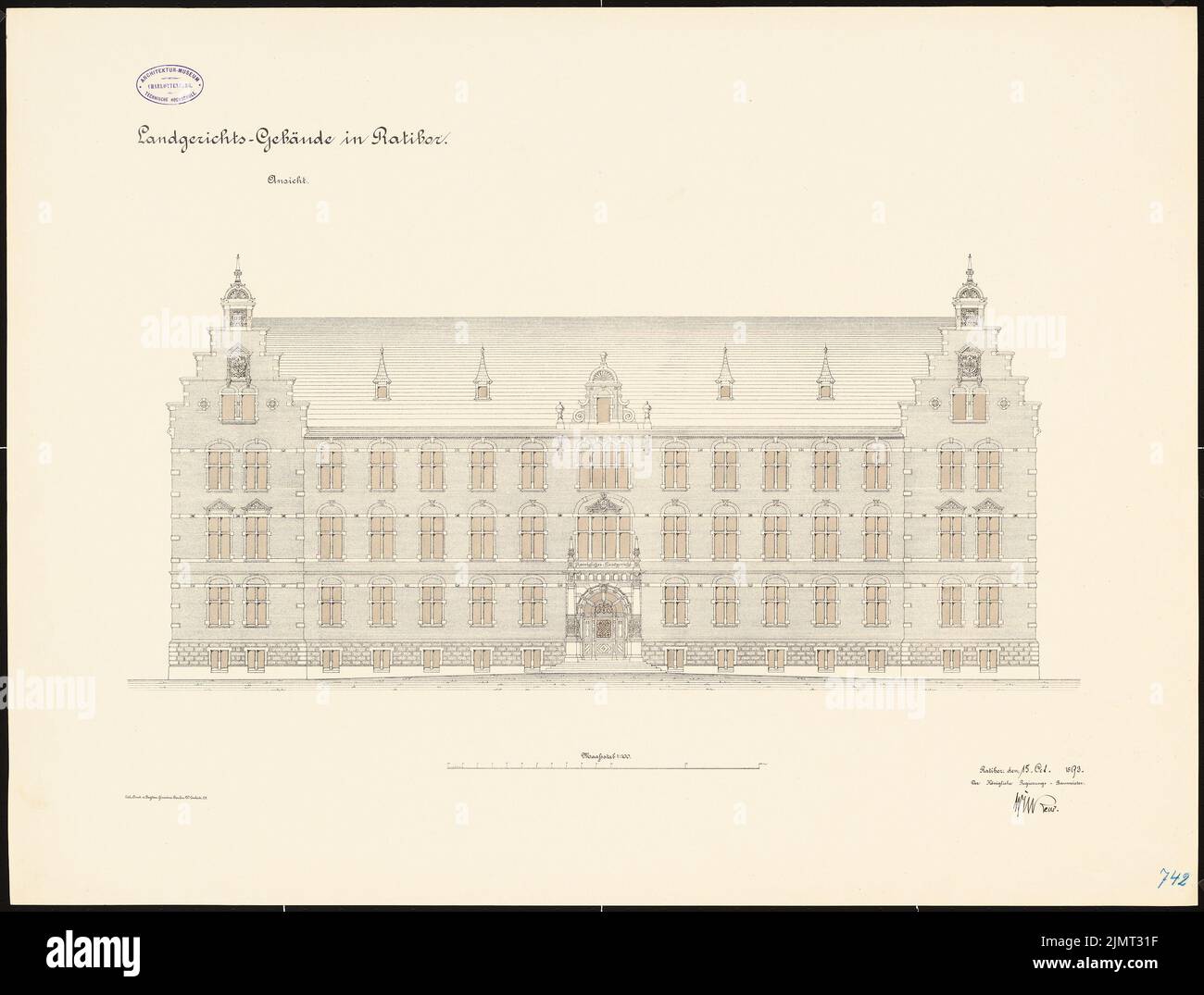 Ministerium für öffentliche Arbeiten, Bezirksgericht in Ratibor (15. Oktober 1893): Ansicht 1: 100. Lithographie auf Karton, 61,2 x 80,8 cm (inklusive Scan-Kanten) Ministerium der öffentlichen Arbeiten : Landgericht, Ratibor Stockfoto