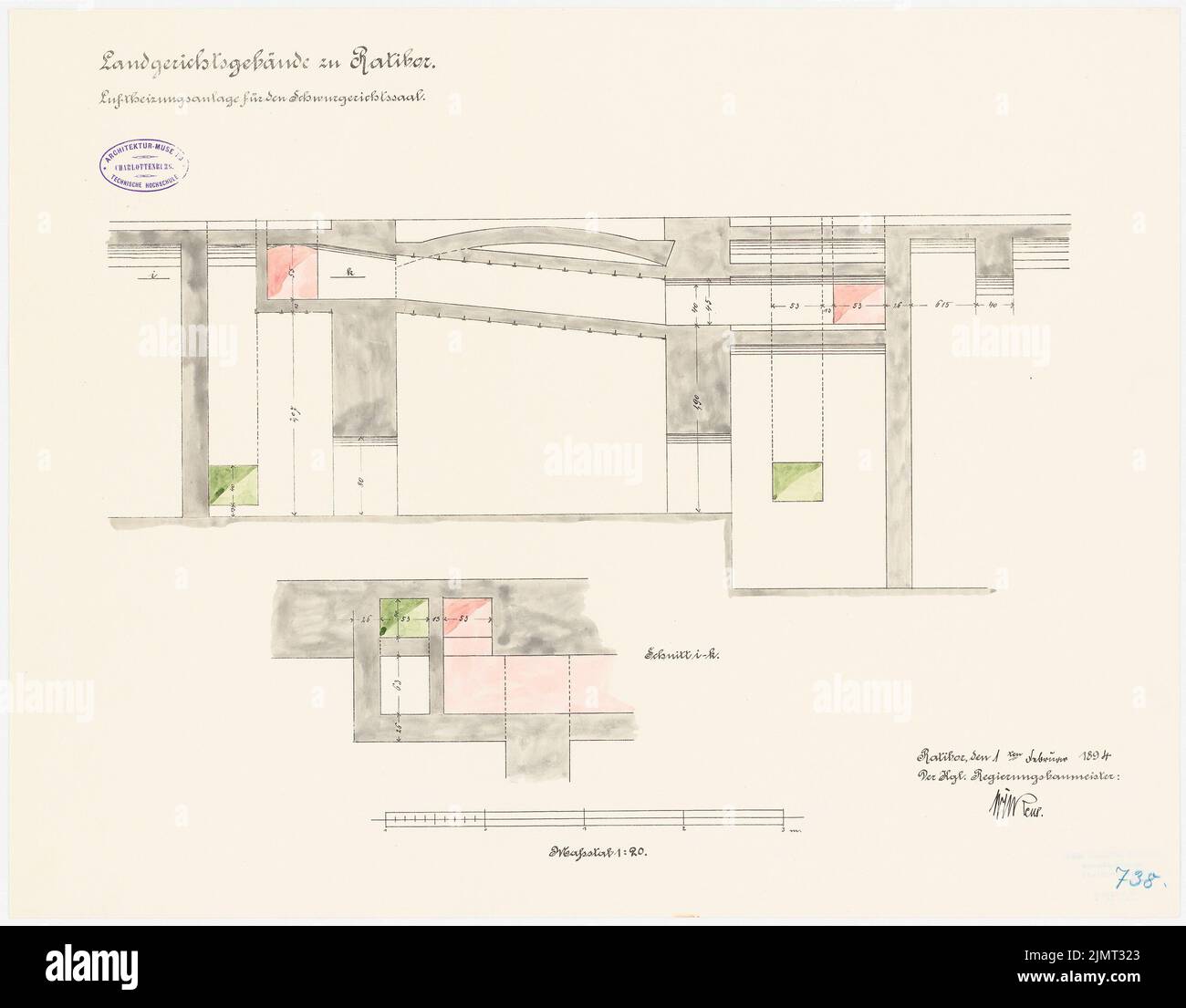 Ministerium für öffentliche Arbeiten, Bezirksgericht in Ratibor. Luftheizung für die Jury (01.02.1894): Schnitt 1:20. Lithographie Aquarell auf Papier, 46,8 x 59,9 cm (inklusive Scankanten) Ministerium der öffentlichen Arbeiten : Landgericht, Ratibor. Luftzirrungsanlage für den Schwurgerichtssaal Stockfoto