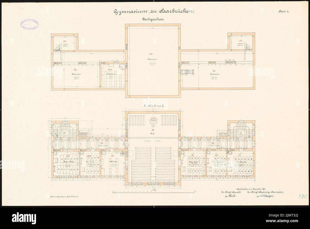 Unbekannter Architekt, Gymnasium, Saarbrücken. Klassenhaus (ca. 12,1891): Grundriß 2., DG, 1: 100. Lithographie auf Karton, 53,1 x 79,2 cm (inklusive Scankanten) N.N. : Gymnasium, Saarbrücken. Klassenhaus Stockfoto