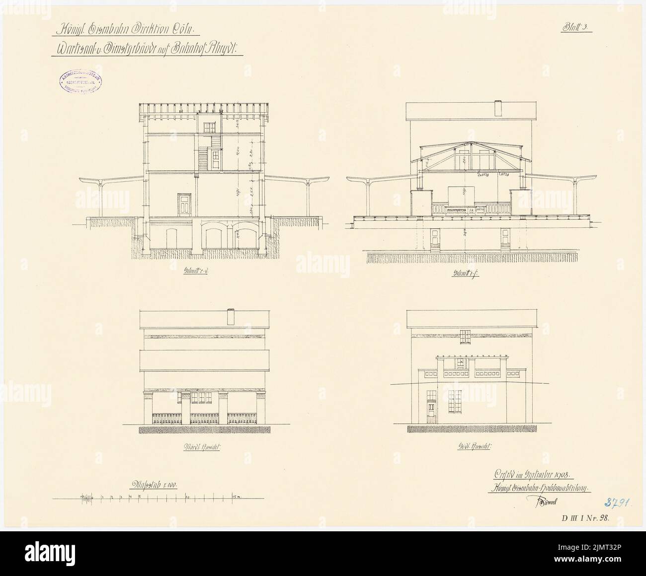 Unbekannter Architekt, Bahnhofsgebäude in Rheydt. Rezeptionsgebäude (ca. 09,1908): Querschnitt, N-, S-, S-Ansicht 1: 100. Lithographie auf Papier, 56,5 x 68,6 cm (einschließlich Scankanten) N.N. : Bahnhofsgebäude, Rheydt. Empfagsgebäude Stockfoto