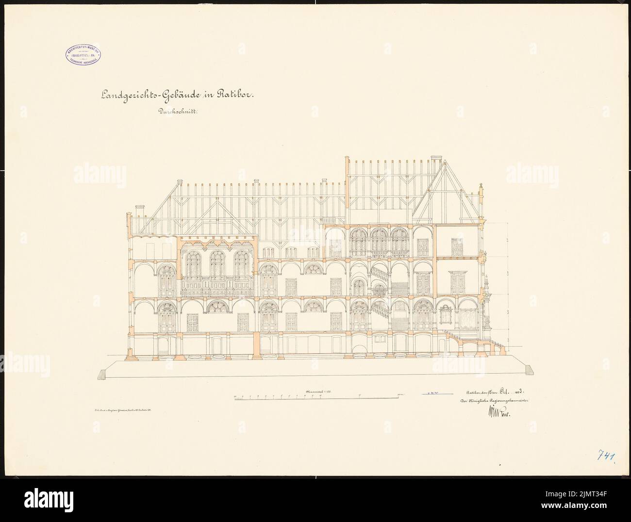 Ministerium für öffentliche Arbeit, Bezirksgericht in Ratibor (15. Oktober 1893): Durchschnitt 1: 100. Lithographie farbig auf der Schachtel, 61,2 x 80,7 cm (inklusive Scankanten) Ministerium der öffentlichen Arbeiten : Landgericht, Ratibor Stockfoto