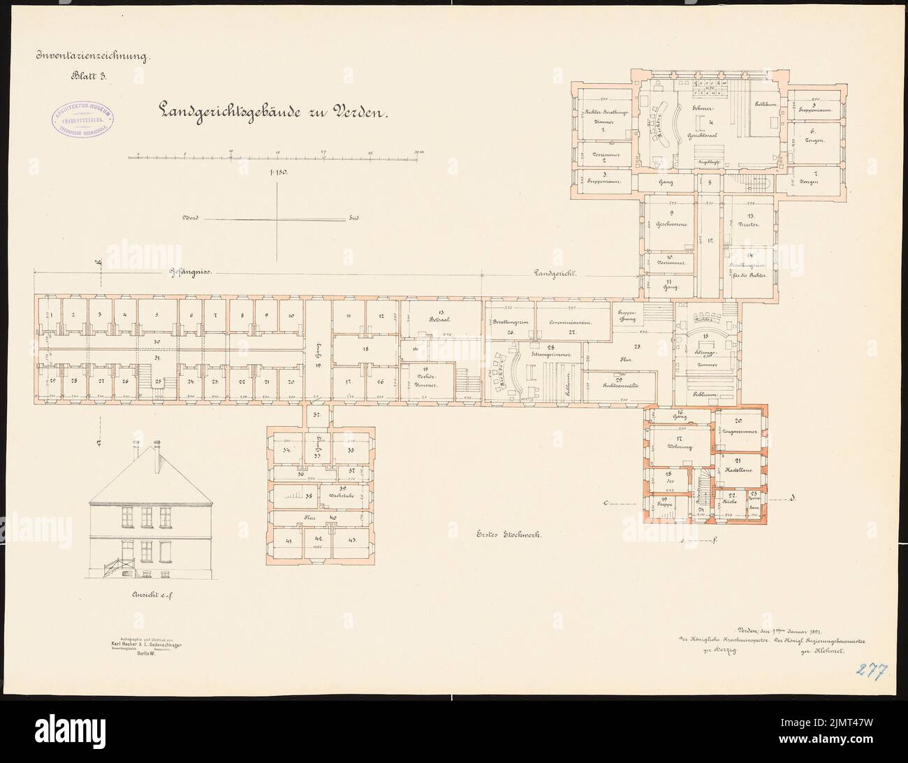 Unbekannter Architekt, Amtsgericht und Gefängnis in Verden (1.. Mai 1890): Grundriß Obergeschoss, aufrecht 1: 150. Lithographie auf der Schachtel, 50,8 x 65,8 cm (einschließlich Scankanten) N.N. : Landgericht und Gefängnis, Verden Stockfoto