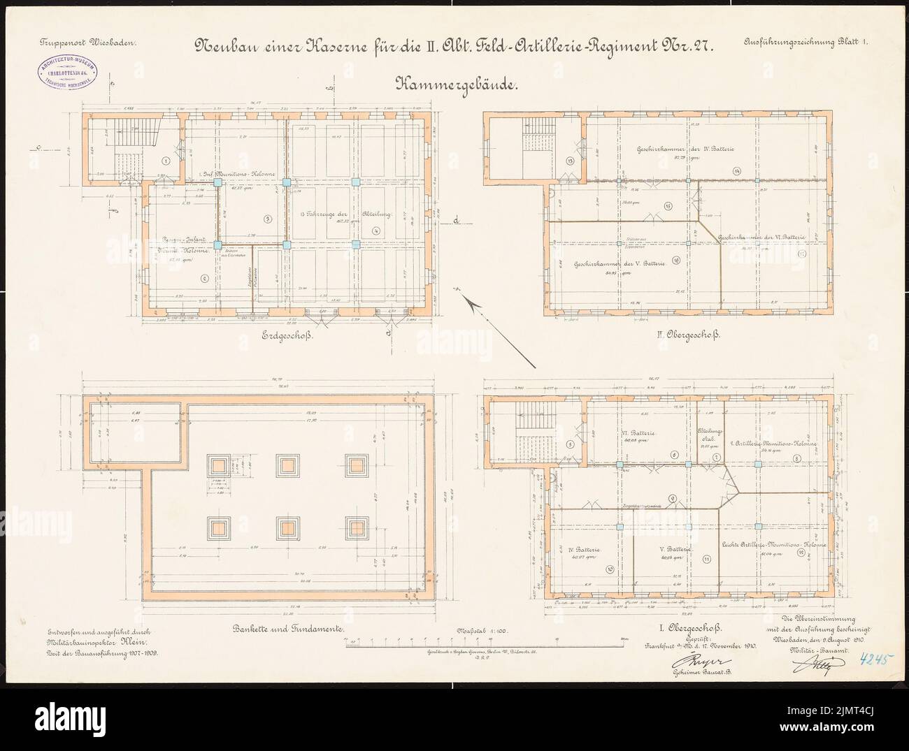 Reinmann, Artilleriekaserne II / 27 in Wiesbaden (09.08.1910): Kammergebäude: Grundriß Keller, EG, 1.. Und 2.. Stock 1: 100. Lithographie auf Karton, 52,1 x 68,7 cm (inklusive Scankanten) Reinmann : Artilleriekaserne II / 27, Wiesbaden Stockfoto