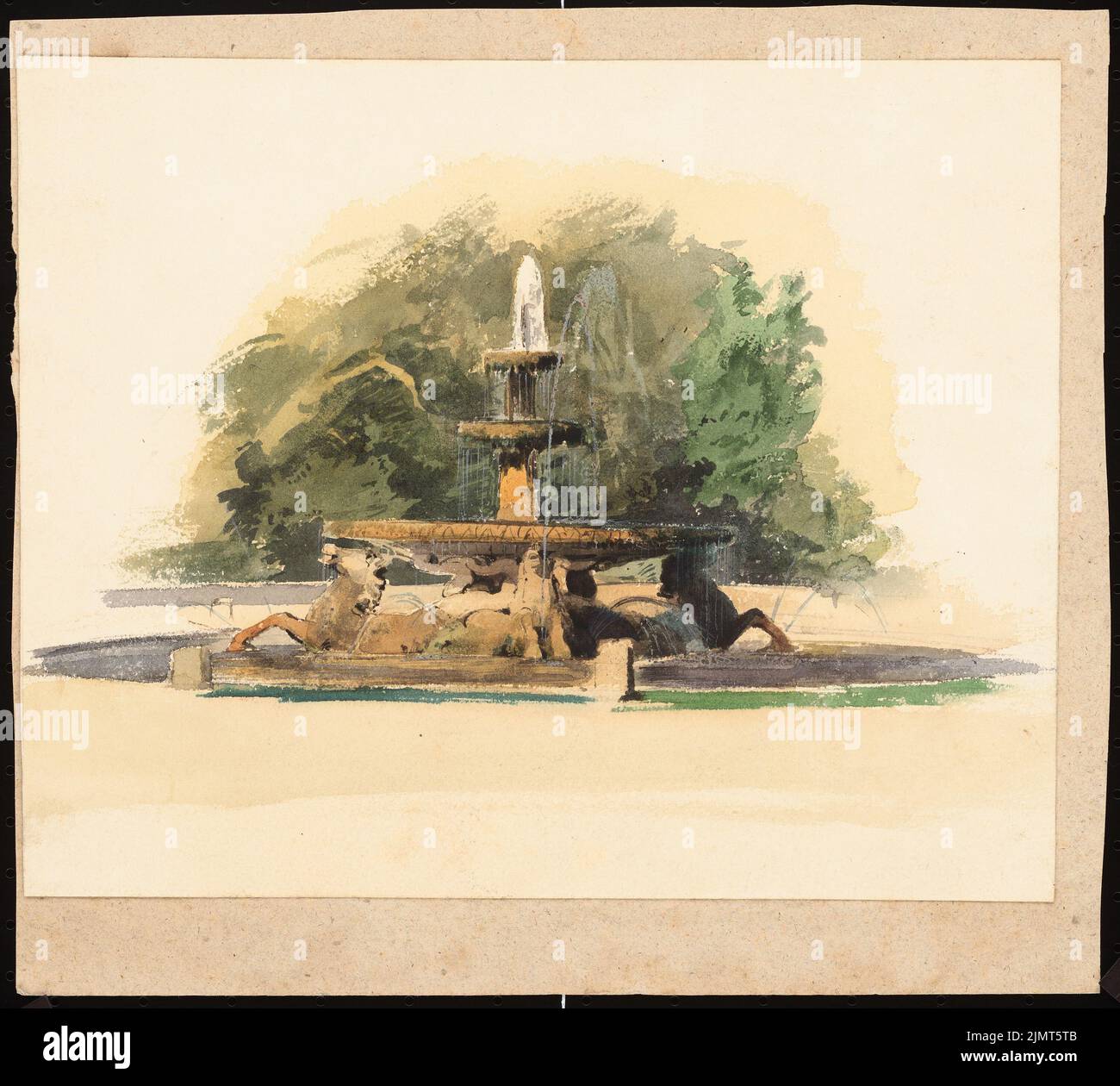 Diebitsch Carl von (1819-1869), Brunnen (ohne Datum): Ansicht 3-Schale Brunnen mit Pferden, die die Muscheln tragen. Bleistift-Aquarell auf der Schachtel, 27,4 x 30,5 cm (inklusive Scan-Kanten) Diebitsch Carl von (1819-1869): Brunnen Stockfoto