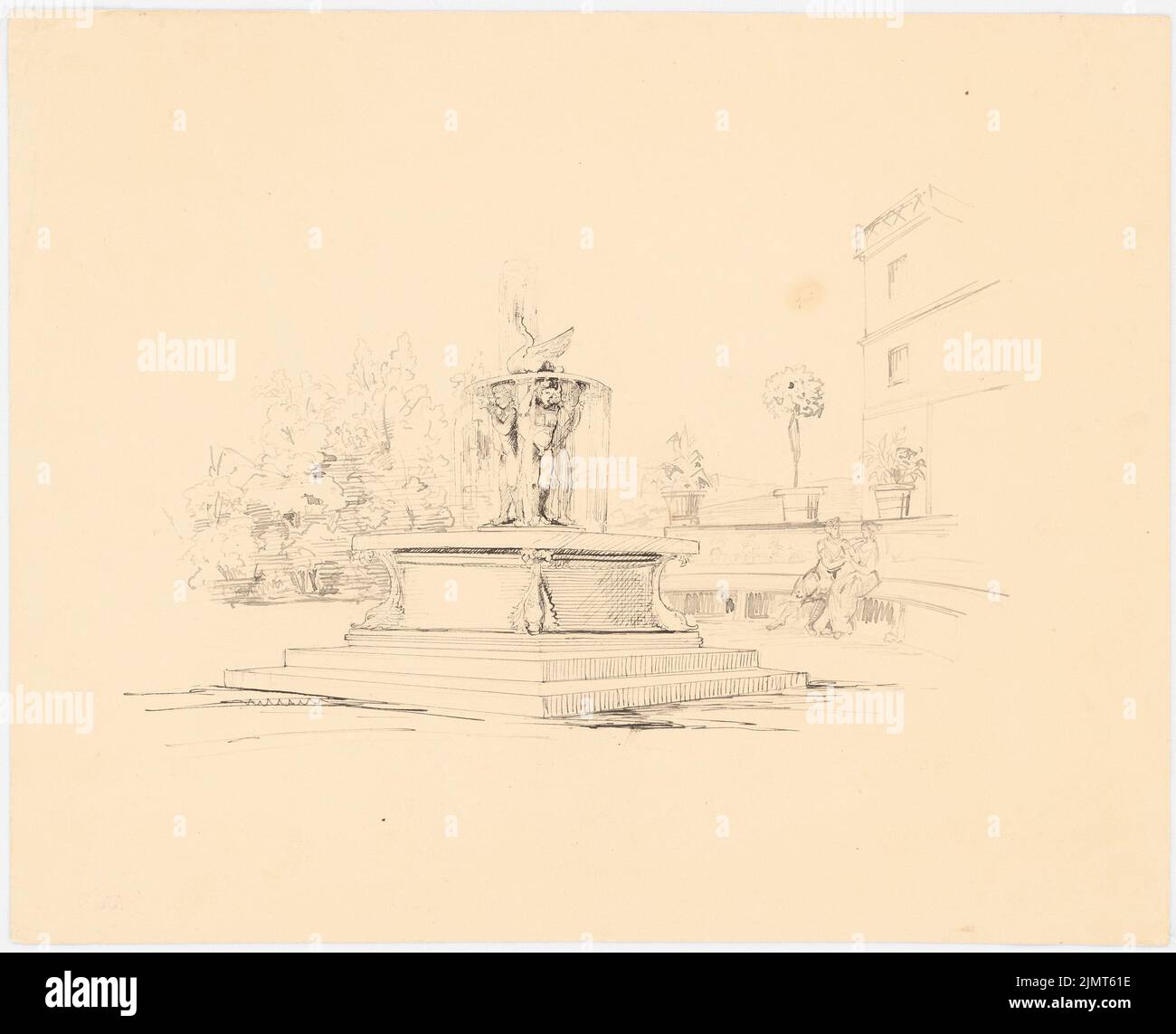 Diebitsch Carl von (1819-1869), Brunnen (ohne Dat.): Ansicht eines 1-schaligen Brunnens mit Schwan, der von putten getragen wurde. Tinte auf Papier, 29,9 x 36,9 cm (inklusive Scankanten) Diebitsch Carl von (1819-1869): Brunnen Stockfoto