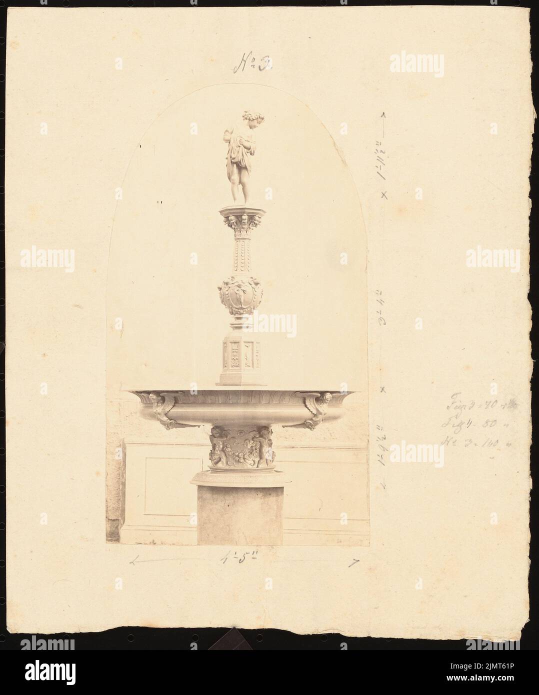 Diebitsch Carl von (1819-1869), Brunnen (ohne Dat.): 2-schaliger Brunnen mit Putt. Bleistift über Foto auf Papier, auf Karton, 24,3 x 20,2 cm (inklusive Scankanten) Diebitsch Carl von (1819-1869): Brunnen Stockfoto