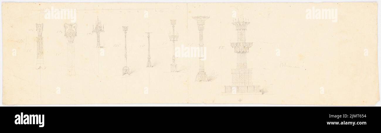 Diebitsch Carl von (1819-1869), Lampe, Kerzenständer, Vasen, Kairo (ohne Datum): Ansichten von 5 Kerzen, 1 Hängelampe und 2 Vasen auf Sockel mit Größe, Skala bar. Bleistift auf der Schachtel, 13,6 x 48,6 cm (inklusive Scankanten) Diebitsch Carl von (1819-1869): Lampe, Leuchter, Vasen Stockfoto