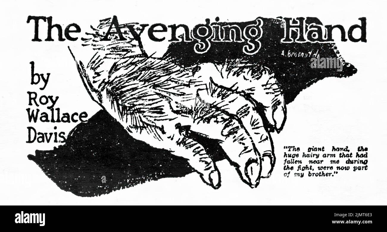The Avenging Hand, von Roy Wallace Davis. Illustration von Andrew Brosnatch aus Weird Tales, Februar 1926 Stockfoto