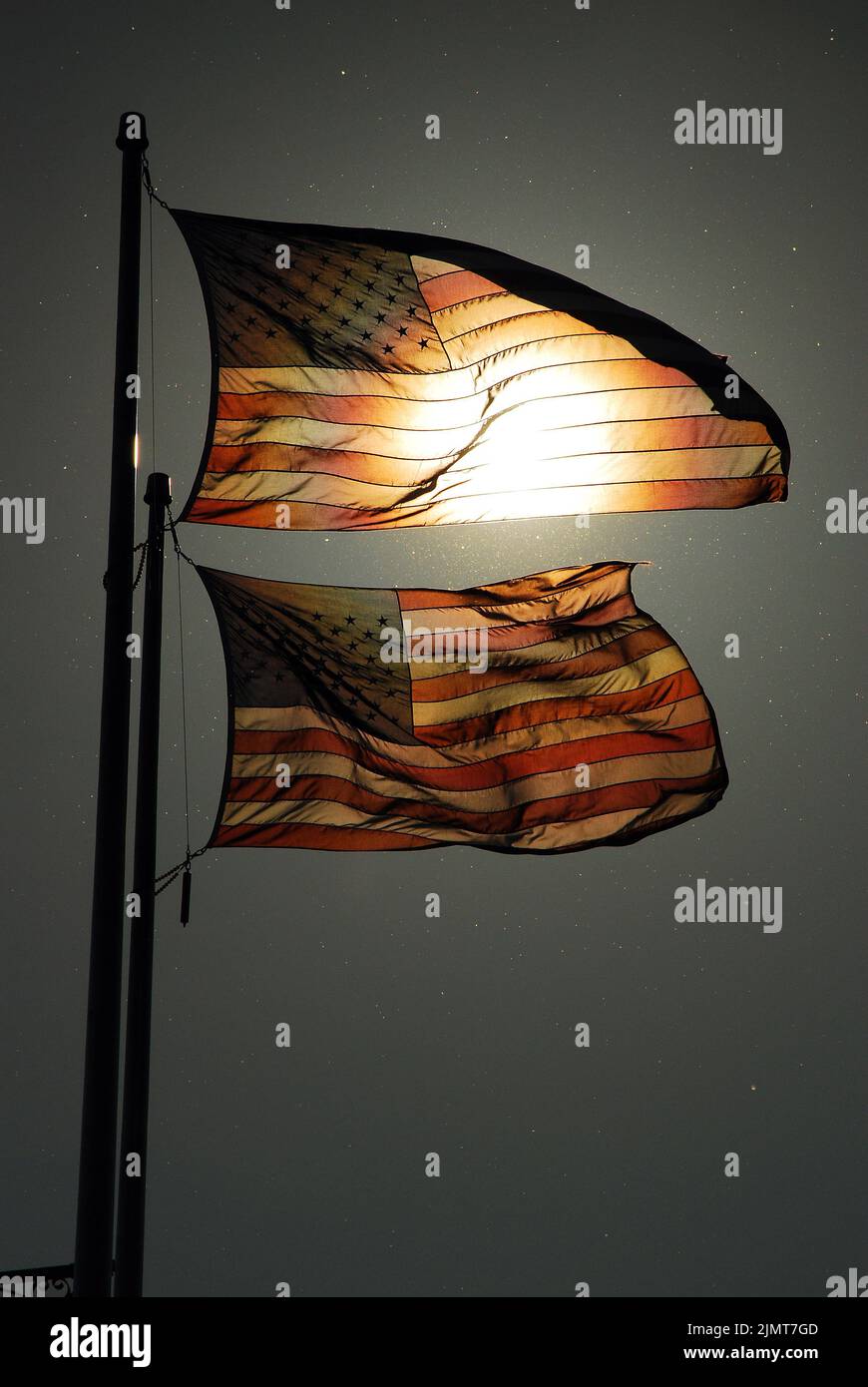 Amerikanische Flaggen, die im Wind winken, werden von der hellen Sonne beleuchtet Stockfoto