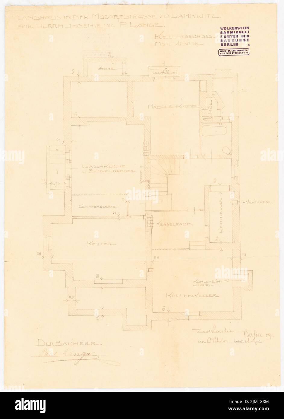 Wolkenstein San Micheli (1873-1910), Landhaus lange, Berlin-Lankwitz (10,1909): Grundriss Keller 1:50. Leichter Bruch auf Papier, 50,3 x 36,5 cm (inklusive Scankanten) Wolkenstein San Micheli (1873-1910): Landhaus lange, Berlin-Lankwitz Stockfoto