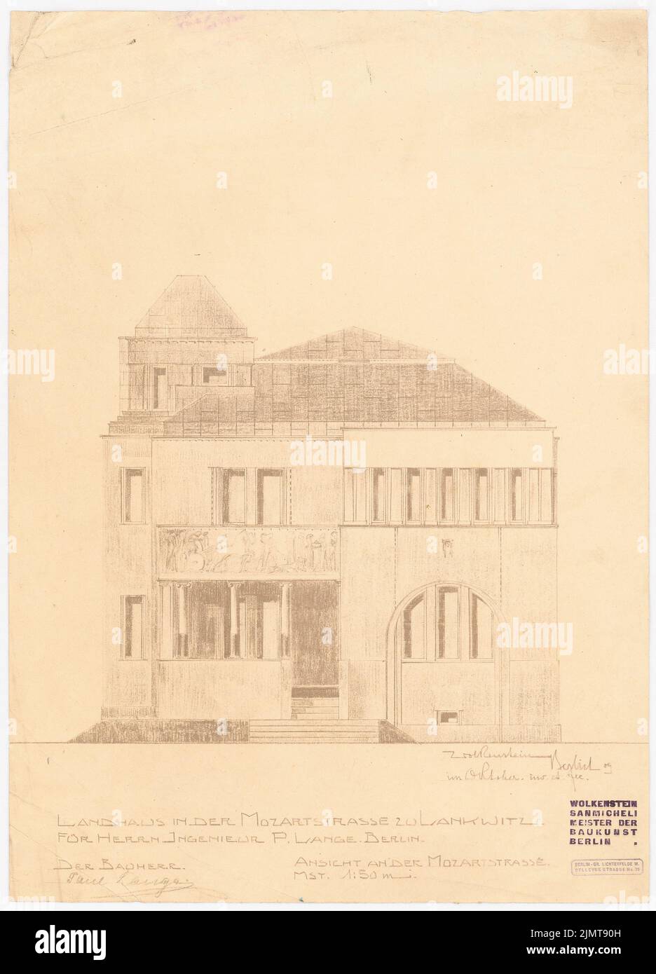 Wolkenstein San Micheli (1873-1910), Landhaus lange, Berlin-Lankwitz (10,1909): Vorderansicht Mozartstraße 1:50. Leichter Bruch auf Papier, 50,2 x 36,2 cm (inklusive Scankanten) Wolkenstein San Micheli (1873-1910): Landhaus lange, Berlin-Lankwitz Stockfoto