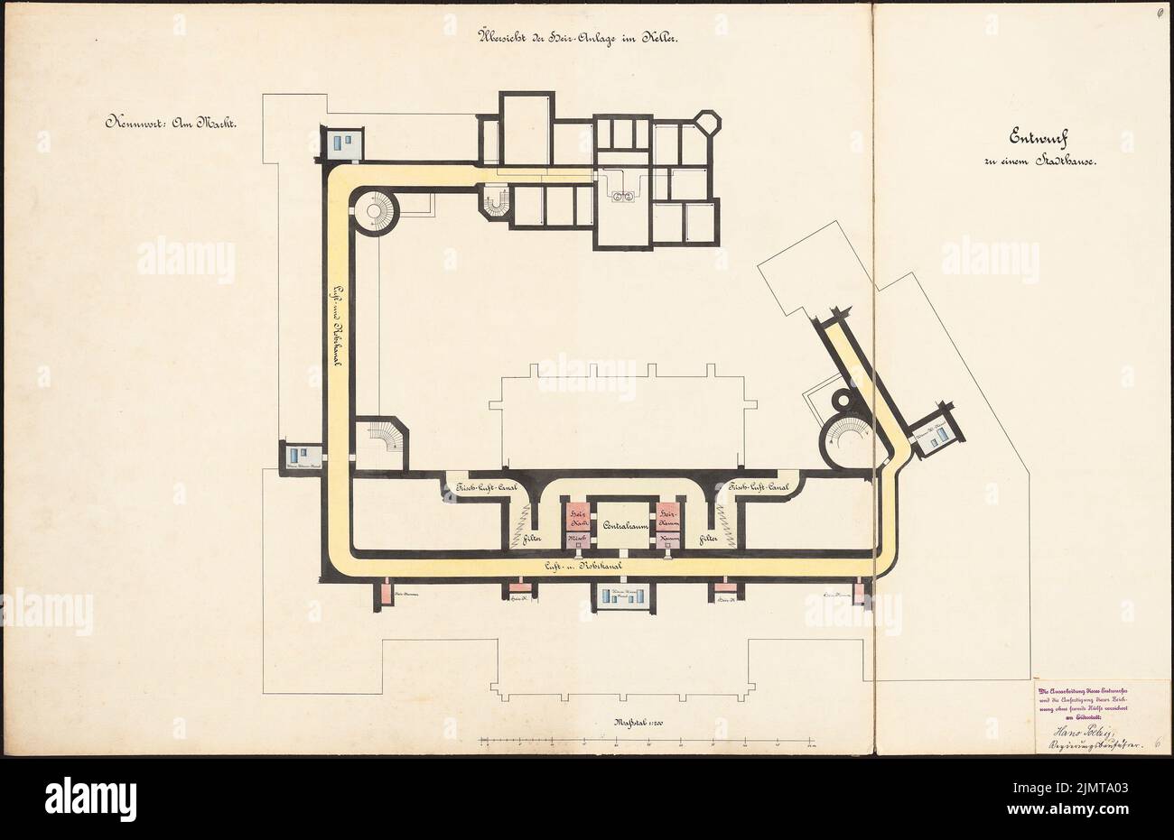 Poelzig Hans (1869-1936), Stadthaus. Schinkel-Wettbewerb 1898 (1898): Heizungsanlage im Keller. Grundriß 1: 200. Tusche, Tusche farbig Aquarell auf der Schachtel, 58,8 x 90,8 cm (inklusive Scan-Kanten) Poelzig Hans (1869-1936): Stadthaus. Schinkelwettbewerb 1898 Stockfoto