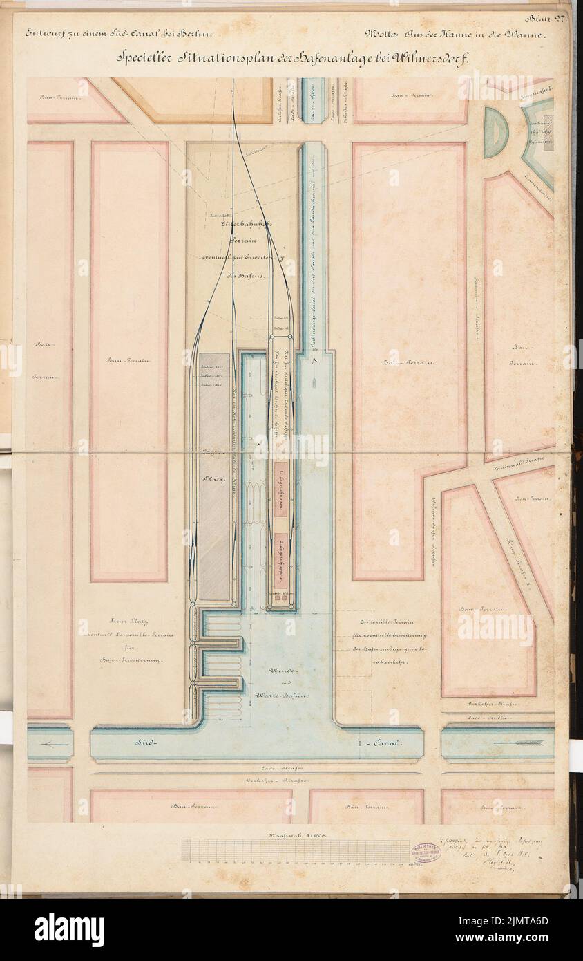 Havestadt Christian (1852-1908), Südkanal für Berlin. Schinkel-Wettbewerb 1878 (1878): Hafen: Abteilung 1: 1000; Maßstab bar. Tusche Aquarell auf der Schachtel, 97,9 x 63,5 cm (inklusive Scan-Kanten) Havestadt Christian (1852-1908): Südkanal für Berlin. Schinkelwettbewerb 1878 Stockfoto