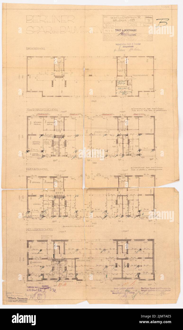 Taut Bruno (1880-1938), Schillerpark-Siedlung in Berlin-Wedding (1930): Barfussstraße 23-25, Block 15: Grundriss KG, EG, OG, DG. Farbstift, Tuschefarben, über Bruch auf Karton, 83,5 x 49,7 cm (inklusive Scankanten) Taut Bruno (1880-1938): Siedlung Schillerpark, Berlin-Wedding Stockfoto