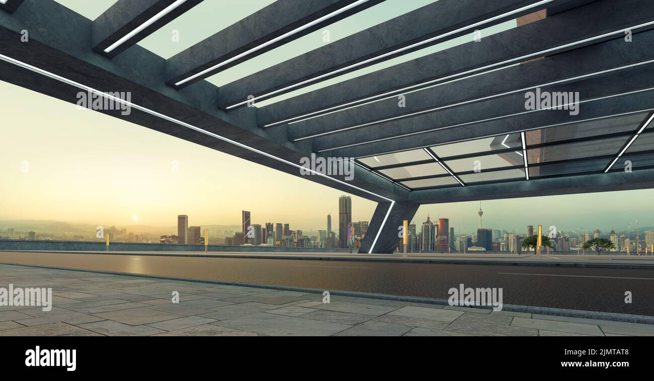Perspektivischer Blick auf die leere Straße und das moderne Dachgebäude Stockfoto