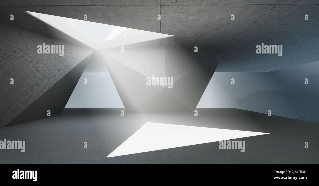 3D zeitgenössisches dreieckiges Designgebäude im Innenbereich Stockfoto