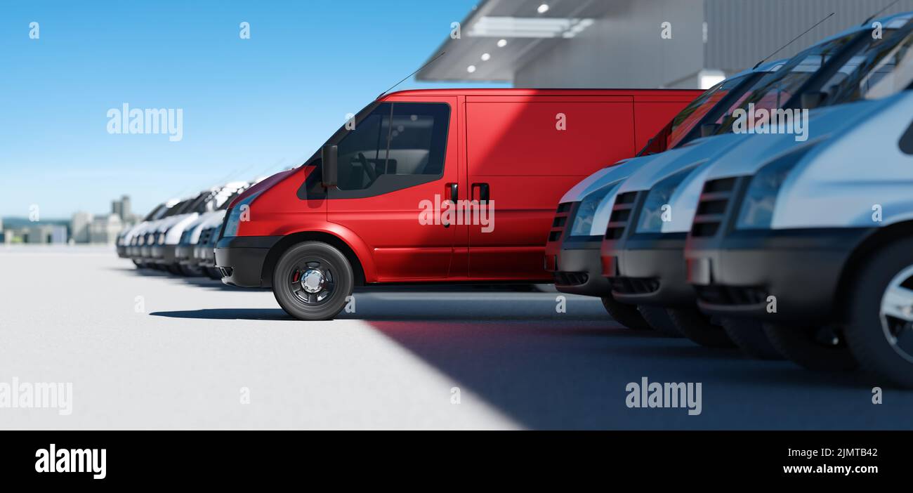 Rote Lieferwagen, die sich von einer Flotte weißer Lieferwagen absticht Stockfoto