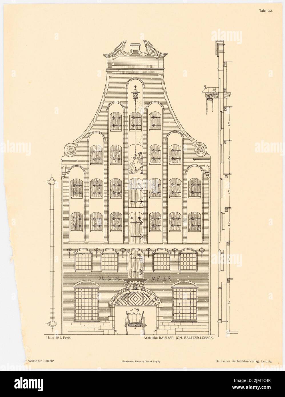 Baltzer Johannes (1862-1940), Fassaden, Lübeck (1901): Oberer, vertikaler Schnitt. Druck auf Papier, 43 x 33 cm (inklusive Scankanten) Baltzer Johannes (1862-1940): Fassaden, Lübeck Stockfoto