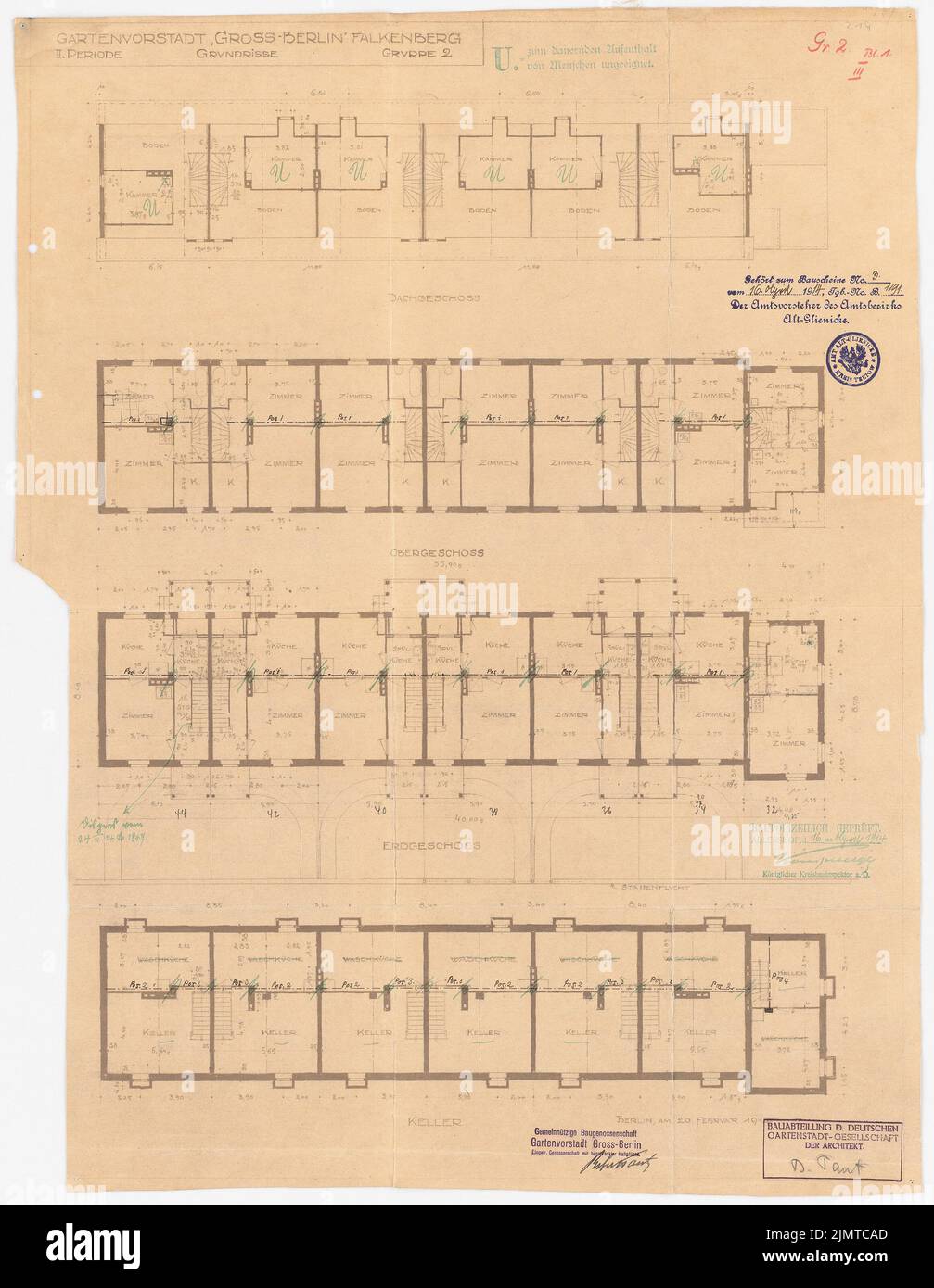 Taut Bruno (1880-1938), Gartenstadt Falkenberg in Berlin-Altglienicke (1914): Gruppe 2: Grundriss KG, EG, OG. Tusche, Bleistift, Tusche farbig, über einem Bruch auf der Schachtel, 65,8 x 51 cm (inklusive Scankanten) Taut Bruno (1880-1938): Gartenstadt Falkenberg, Berlin-Altglienicke Stockfoto