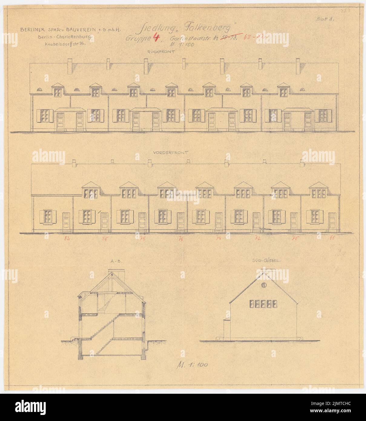 Straff Bruno (1880-1938), Gartenstadt Falkenberg in Berlin-Altglienicke (1913-1913): Gruppe 4: Ansicht, Schnitt. Farbstift über einem Bruch auf Papier, 49,9 x 46,4 cm (inklusive Scankanten) Taut Bruno (1880-1938): Gartenstadt Falkenberg, Berlin-Altglienicke Stockfoto