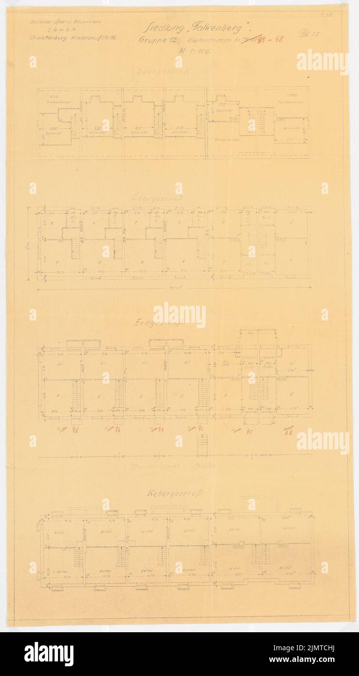 Straff Bruno (1880-1938), Gartenstadt Falkenberg in Berlin-Altglienicke (1913-1913): Gruppe 12: Grundriss KG, EG, OG, DG. Farbstift über einem Bruch auf Papier, 72,7 x 41,3 cm (inklusive Scankanten) Taut Bruno (1880-1938): Gartenstadt Falkenberg, Berlin-Altglienicke Stockfoto