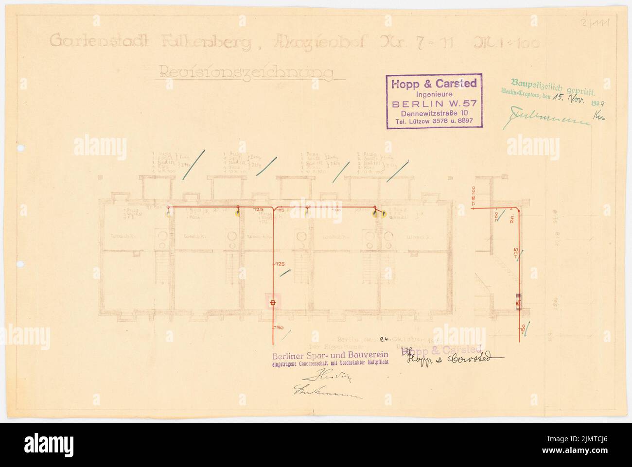 Taut Bruno (1880-1938), Gartenstadt Falkenberg in Berlin-Altglienicke (1924): Akazienhof 7-11: Grundriss KG. Farbstift, Tuschefarben, über einem Bruch auf Papier, 29,1 x 43,3 cm (inklusive Scankanten) Taut Bruno (1880-1938): Gartenstadt Falkenberg, Berlin-Altglienicke Stockfoto