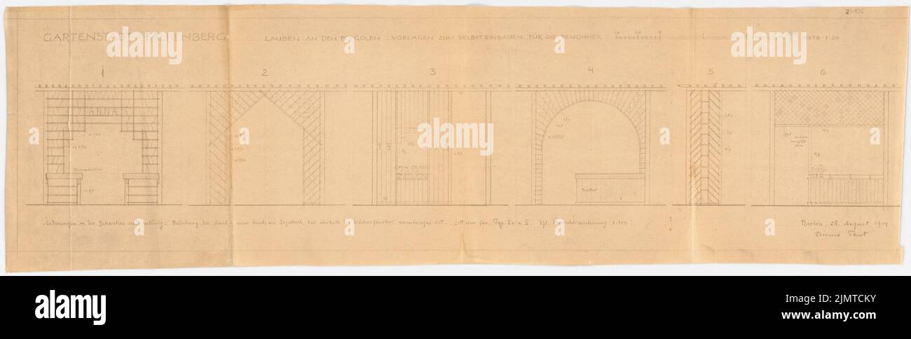 Straff Bruno (1880-1938), Gartenstadt Falkenberg in Berlin-Altglienicke (1914): Typ 1a und 2, Aruben auf den Pergolen: Ansicht 1:20. Leichter Bruch auf Papier, 31,5 x 103,7 cm (inklusive Scankanten) Taut Bruno (1880-1938): Gartenstadt Falkenberg, Berlin-Altglienicke Stockfoto