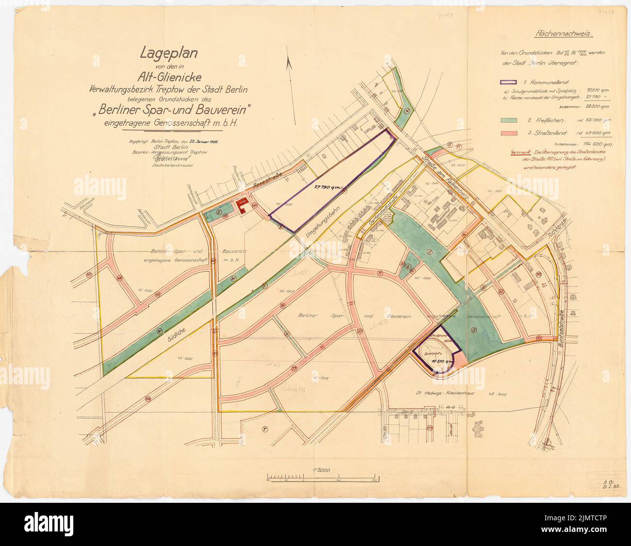 Taut Bruno (1880-1938), Gartenstadt Falkenberg in Berlin-Altglienicke (1926): Altglienicke, Landnutzungsplan. Tusche, Tusche farbig, Aquarell, über einem Bruch auf Papier, 69,5 x 87,2 cm (inklusive Scankanten) Taut Bruno (1880-1938): Gartenstadt Falkenberg, Berlin-Altglienicke Stockfoto