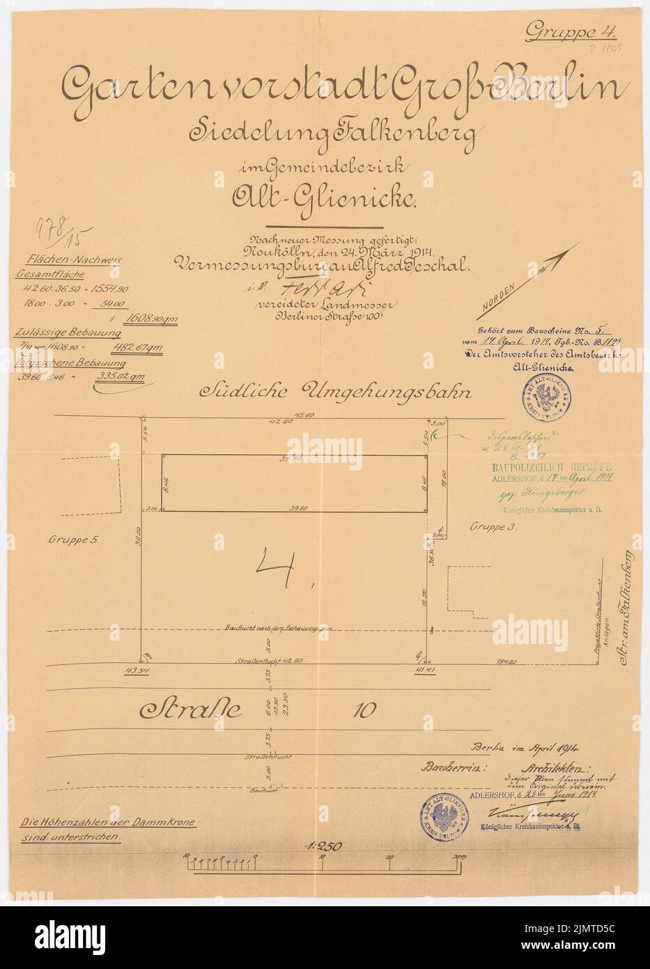 Straff Bruno (1880-1938), Gartenstadt Falkenberg in Berlin-Altglienicke (1914): Gartenstadtstraße, Gruppe 4: Lageplan 1: 250. Leichter Bruch auf Karton, 53,6 x 38,5 cm (inklusive Scankanten) Taut Bruno (1880-1938): Gartenstadt Falkenberg, Berlin-Altglienicke Stockfoto