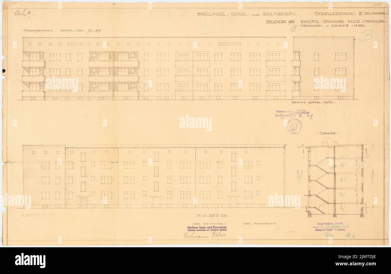 Straff Bruno (1880-1938), Schillerpark-Siedlung in Berlin-Wedding (1929): Bristolstraße 13-17, Block 11: Blick, Schnitte. Bleistift, Tuschefarben, über Bruch auf der Schachtel, 50,5 x 79,7 cm (inklusive Scankanten) Taut Bruno (1880-1938): Siedlung Schillerpark, Berlin-Wedding Stockfoto