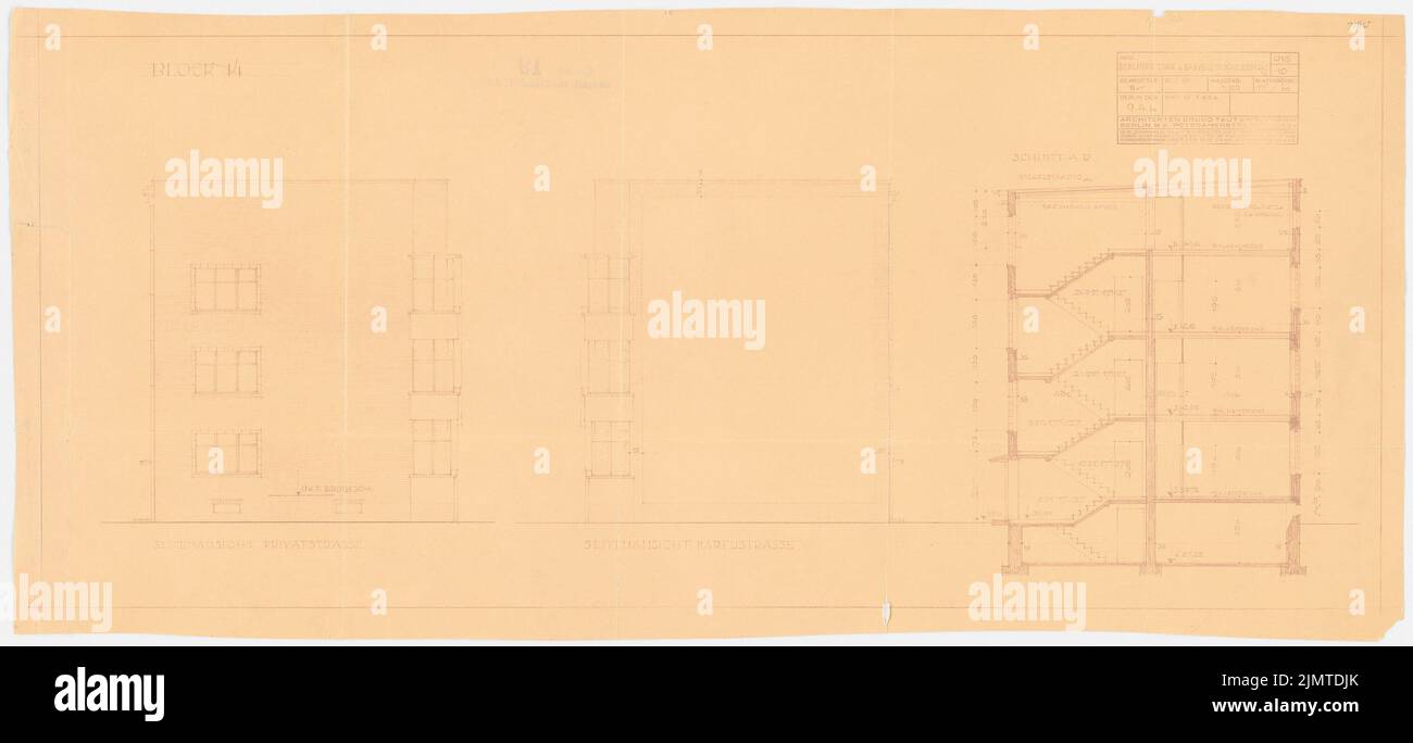 Straff Bruno (1880-1938), Schillerpark-Siedlung in Berlin-Wedding (1924-1924): Bristolstraße 19-23, Block 14: Seitenansicht, Schnitt 1:50. Leichter Bruch auf Karton, 48,3 x 105,7 cm (inklusive Scankanten) Taut Bruno (1880-1938): Siedlung Schillerpark, Berlin-Wedding Stockfoto