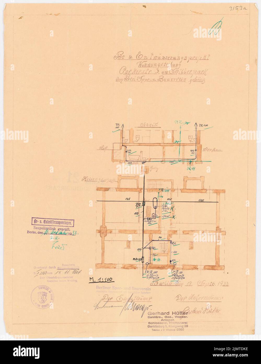 Straff Bruno (1880-1938), Schillerpark Siedlung in Berlin-Wedding (1933): Corker Straße 3, Block 4: Brett und Entwässerung. Tusche, Tusche farbig, Aquarell, über einer Pause auf Papier, 49,2 x 37,8 cm (inklusive Scankanten) Taut Bruno (1880-1938): Siedlung Schillerpark, Berlin-Wedding Stockfoto