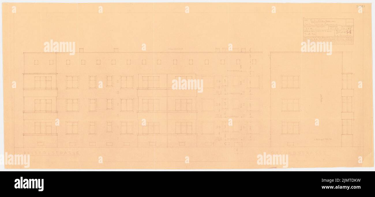 Straff Bruno (1880-1938), Schillerpark-Siedlung in Berlin-Wedding (1924-1924): Bristolstraße 19-23, Block 14: Ansicht 1:50. Leichter Bruch auf Karton, 46,3 x 101,5 cm (inklusive Scankanten) Taut Bruno (1880-1938): Siedlung Schillerpark, Berlin-Wedding Stockfoto