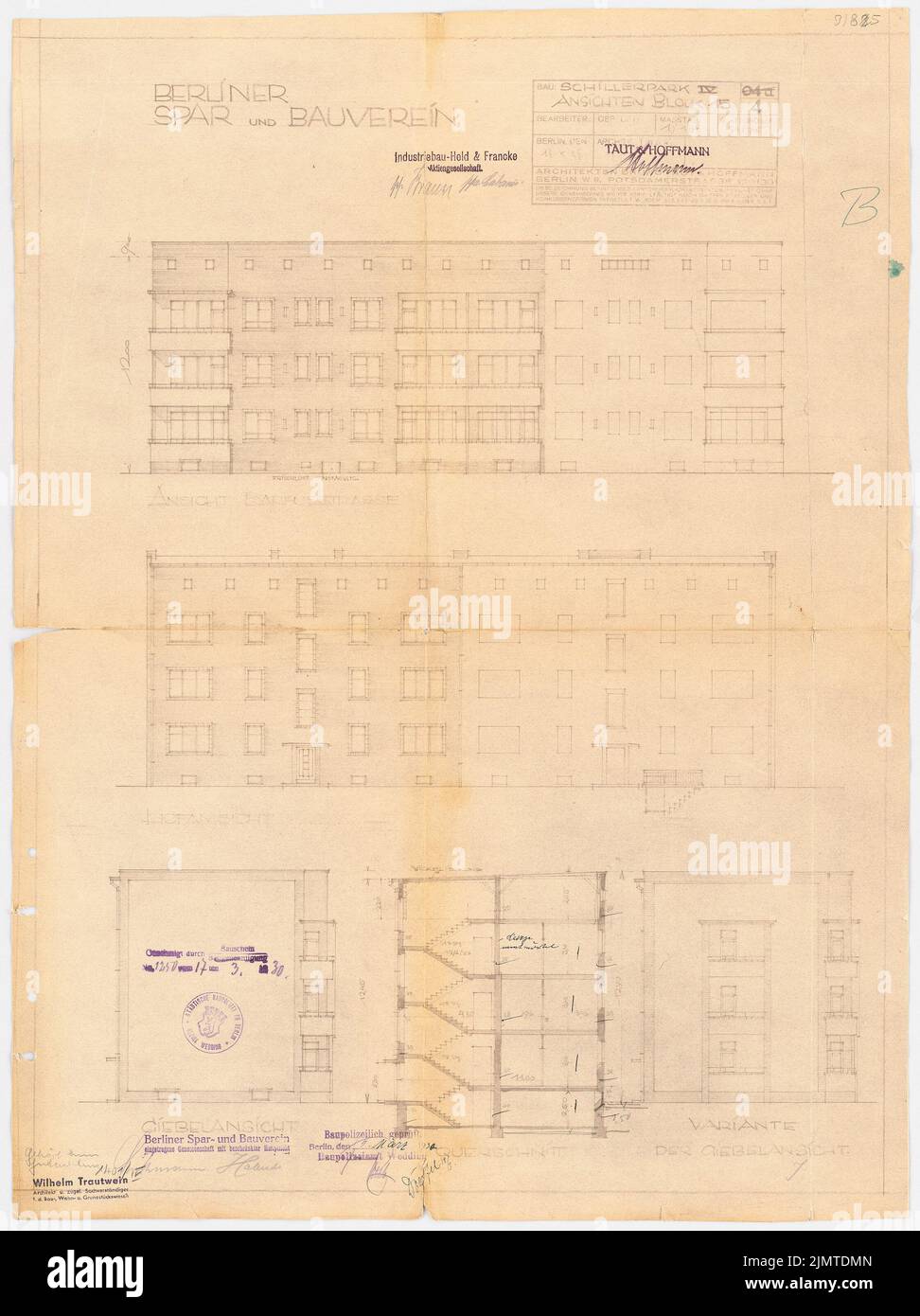 Straff Bruno (1880-1938), Schillerpark-Siedlung in Berlin-Wedding (1924-1924): Barfussstraße 23-25, Block 15: Views. Tusche über Bruch auf der Schachtel, 67,7 x 50,7 cm (inklusive Scankanten) Taut Bruno (1880-1938): Siedlung Schillerpark, Berlin-Wedding Stockfoto