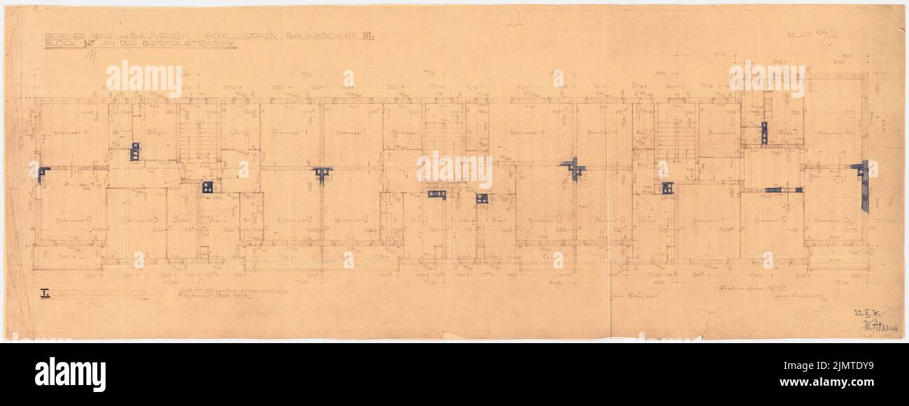 Taut Bruno (1880-1938), Schillerpark-Siedlung in Berlin-Wedding (1929): Bristolstraße, Block 11: Grundriss 1. 1:50. Farbstift über einem Bruch auf Papier, 44,3 x 117,3 cm (inklusive Scankanten) Taut Bruno (1880-1938): Siedlung Schillerpark, Berlin-Wedding Stockfoto