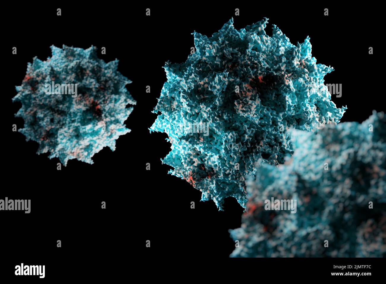 Illustration der medizinischen Wissenschaft des Poliovirus, 3D Darstellung des Poliovirus auf schwarzem Hintergrund. Stockfoto