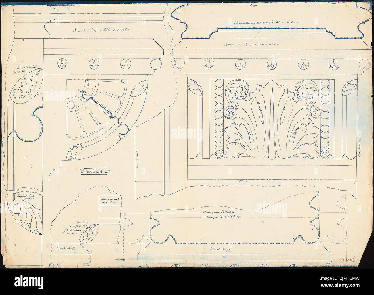 Bulle Hubert (1838-1907), Bahnhof Uelzen (1885): Stuckverzierung innen. Leichter Bruch auf Papier, 66,4 x 92,2 cm (einschließlich Scankanten) Stier d. Ä. Hubert (1838-1907): Bahnhof, Uelzen Stockfoto