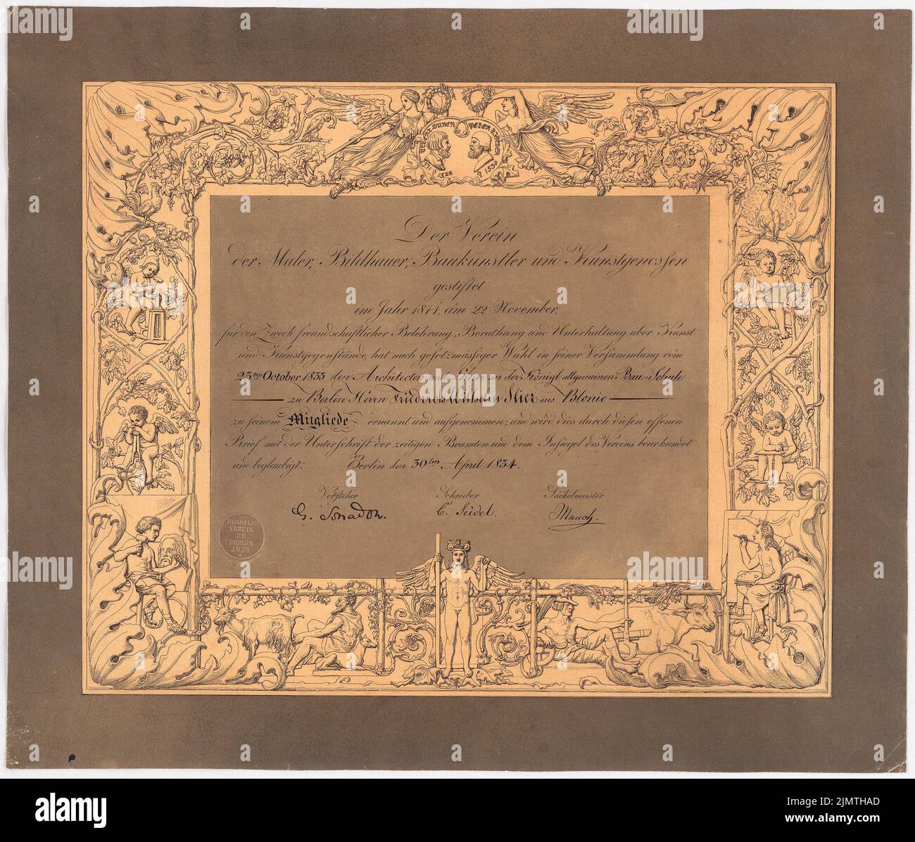 Stier Wilhelm (1799-1856), Bescheinigung über die Aufnahme von Wilhelm Stier in den Künstlerverein (30. April 1834): Text mit Ornamenten. Bleistift und Tinte auf Papier auf Karton, 44,5 x 52,3 cm (inklusive Scankanten) Stier Wilhelm (1799-1856): Urkunde der Aufnahme von Wilhelm Stier in den Künstler-Verein Stockfoto
