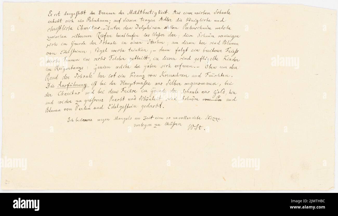 Bulle Wilhelm (1799-1856), Schale (ohne Datum): Beschreibung einer Schale, in der unter anderem der 'Brunnen der Nächstenliebe' gezeigt wird. Tinte auf Papier, 23,2 x 40,6 cm (inklusive Scankanten) Stier Wilhelm (1799-1856): Schale Stockfoto