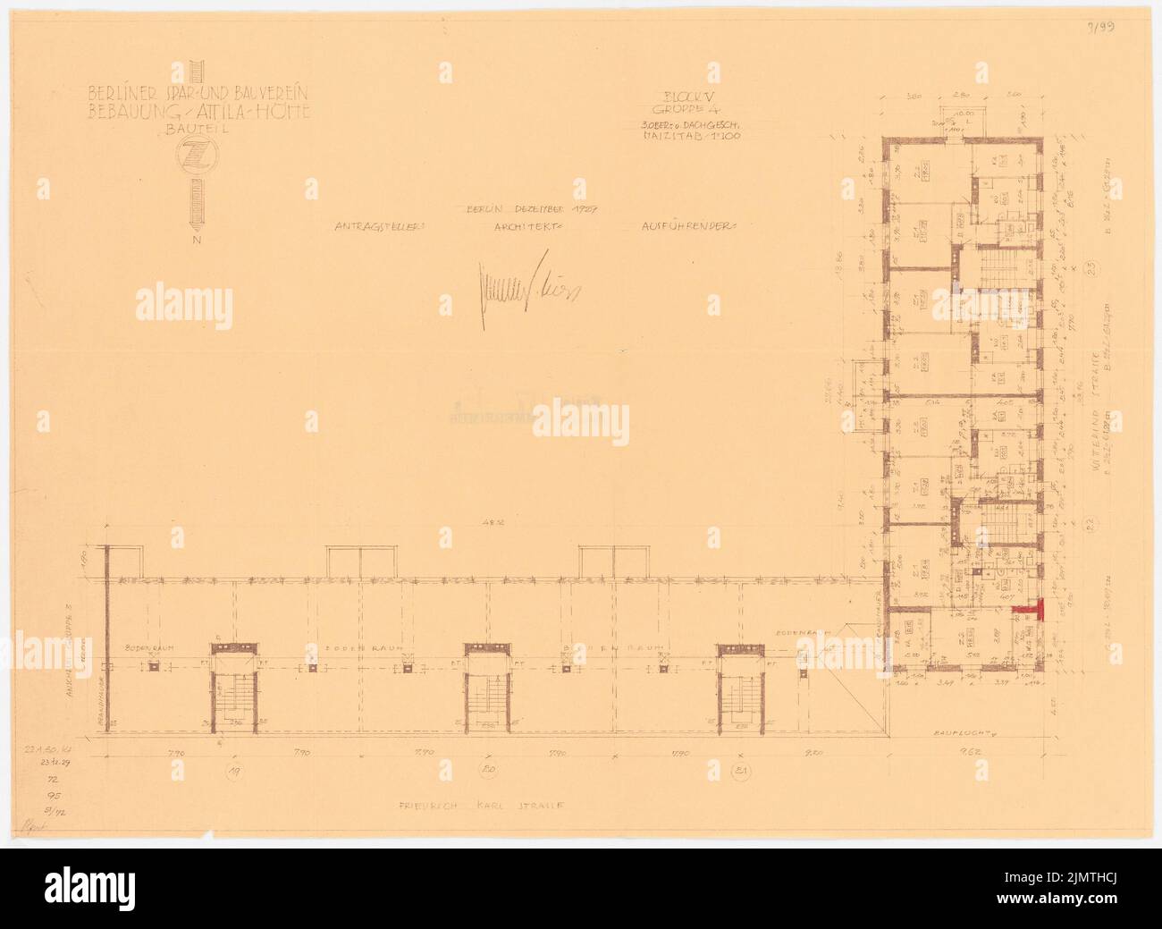 Zimmheimer Paul, Attilahöhe, Berlin-Tempelhof (1929-1929): Totilastraße 63-67, Wittekindstraße 77-79: Grundriss 3., DG. Farbstift über einem Bruch auf Papier, 52,6 x 72,1 cm (inklusive Scankanten) Zimmerreimer Paul (1875-1943): Siedlung Attilahöhe, Berlin-Tempelhof Stockfoto