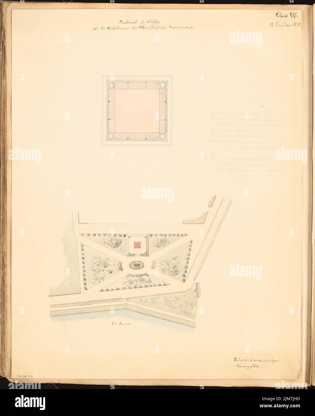 Unbekannter Architekt, stürzend in Neisse. Monatlicher Wettbewerb Januar 1872 (01,1872): Lageplan, Lageplan; Massage, erläuternder Text. Tusche Aquarell auf der Schachtel, 59,7 x 48,4 cm (einschließlich Scankanten) N.N. : Gefallendendendenkmal, Neiße. Monatskurrenz Januar 1872 Stockfoto