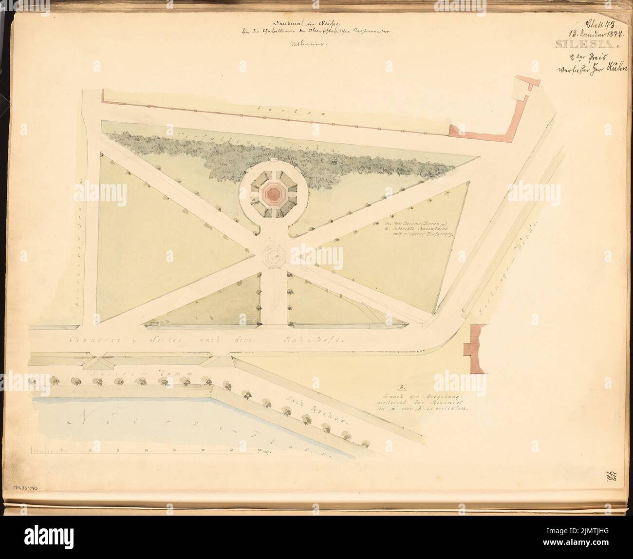 Kühn Bernhard (1838-1917), gefallen in Neisse. Monatlicher Wettbewerb Januar 1872 (01,1872): Lageplan; Skalenbalken. Bleistift-Aquarell auf der Schachtel, 48,3 x 59,4 cm (inklusive Scankanten) Kühn Bernhard (1838-1917): Gefallendendenkmal, Neiße. Monatskurrenz Januar 1872 Stockfoto