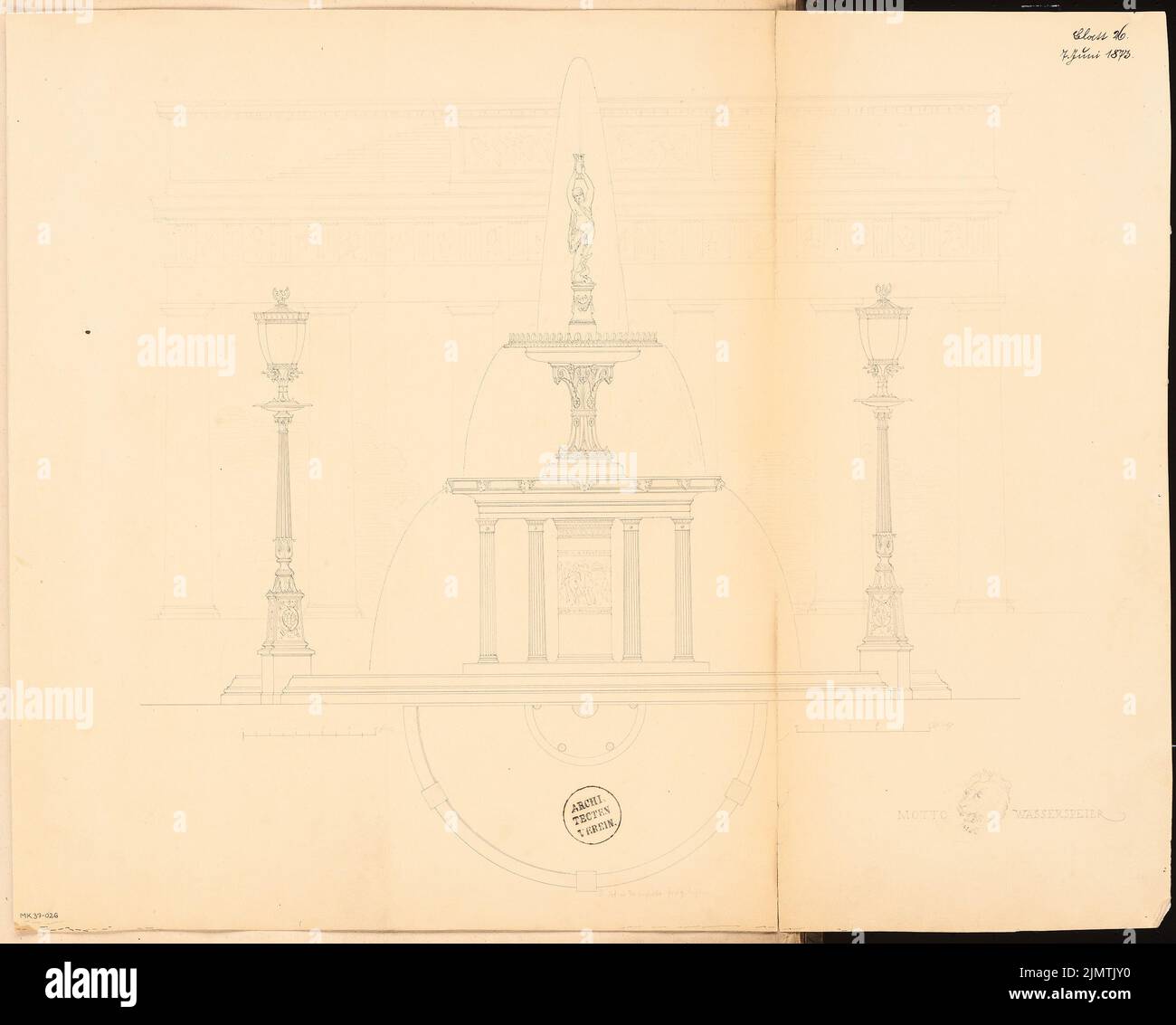 Unbekannter Architekt, Brunnen am Pariser Platz in Berlin. Monatlicher Wettbewerb 1873. Juni (06,1873): Grundriß (zur Hälfte), Blick auf das Brandenburger Tor; Maßstabsbalken. Tinte und Bleistift auf Karton, 53,9 x 67,2 cm (einschließlich Scankanten) N.N. : Brunnen auf dem Pariser Platz, Berlin. Monatskurrenz Juni 1873 Stockfoto