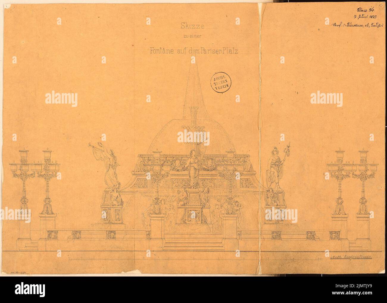 Bürckner Adolph (1846-1932), Brunnen am Pariser Platz in Berlin. Monatlicher Wettbewerb 1873. Juni (06,1873): Ansicht; Skalenbalken. Bleistift und Tinte auf Transparent, 44,3 x 62,1 cm (inklusive Scankanten) Bürckner Adolph (1846-1932): Brunnen auf dem Pariser Platz, Berlin. Monatskurrenz Juni 1873 Stockfoto