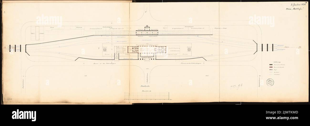 Unbekannter Architekt, Bahnhof Viadukten - Alexanderplatz Stadtbahnhof in Berlin. Monatlicher Wettbewerb im Januar 1874 (01,1874): Grundrissplan mit Grundrissplan; Skalenbalken. Tusche Aquarell auf der Schachtel, 47,1 x 139,5 cm (einschließlich Scankanten) N.N. : Bahnhof auf Viadukten - Stadtbahnhof Alexanderplatz, Berlin. Monatskurrenz Januar 1874 Stockfoto